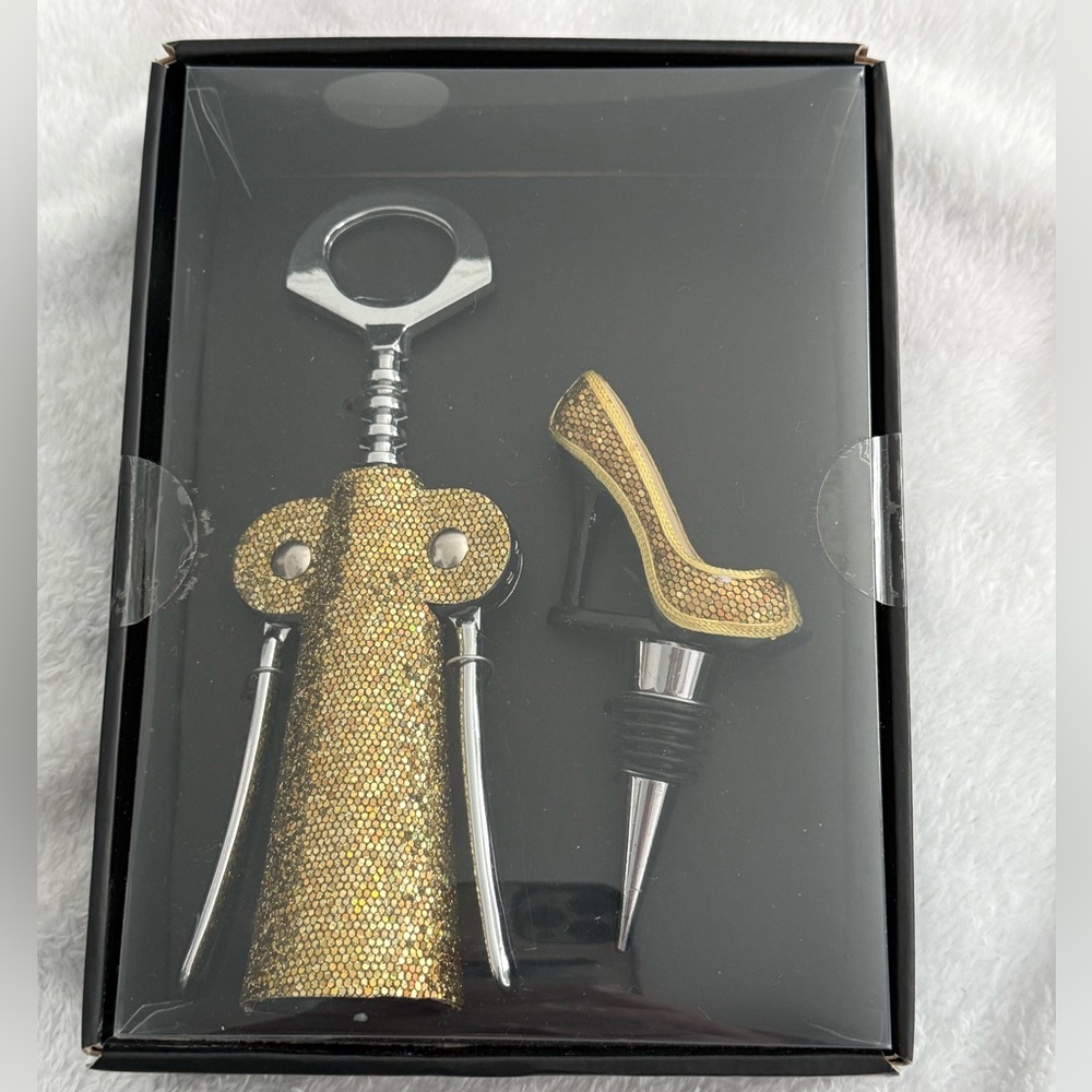 NWT Bebe Gold Glitter Stones Corkscrew and Shoe Stopper Set